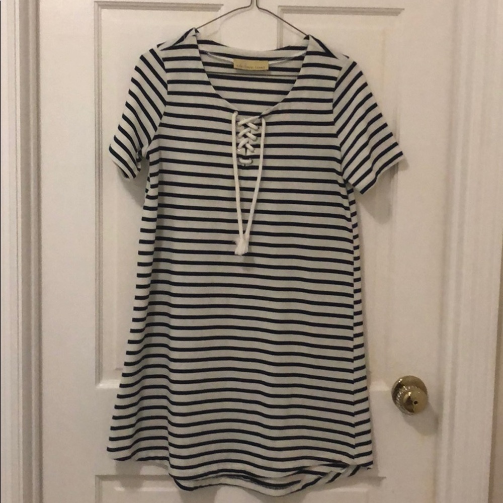 Navy and off-white striped dress